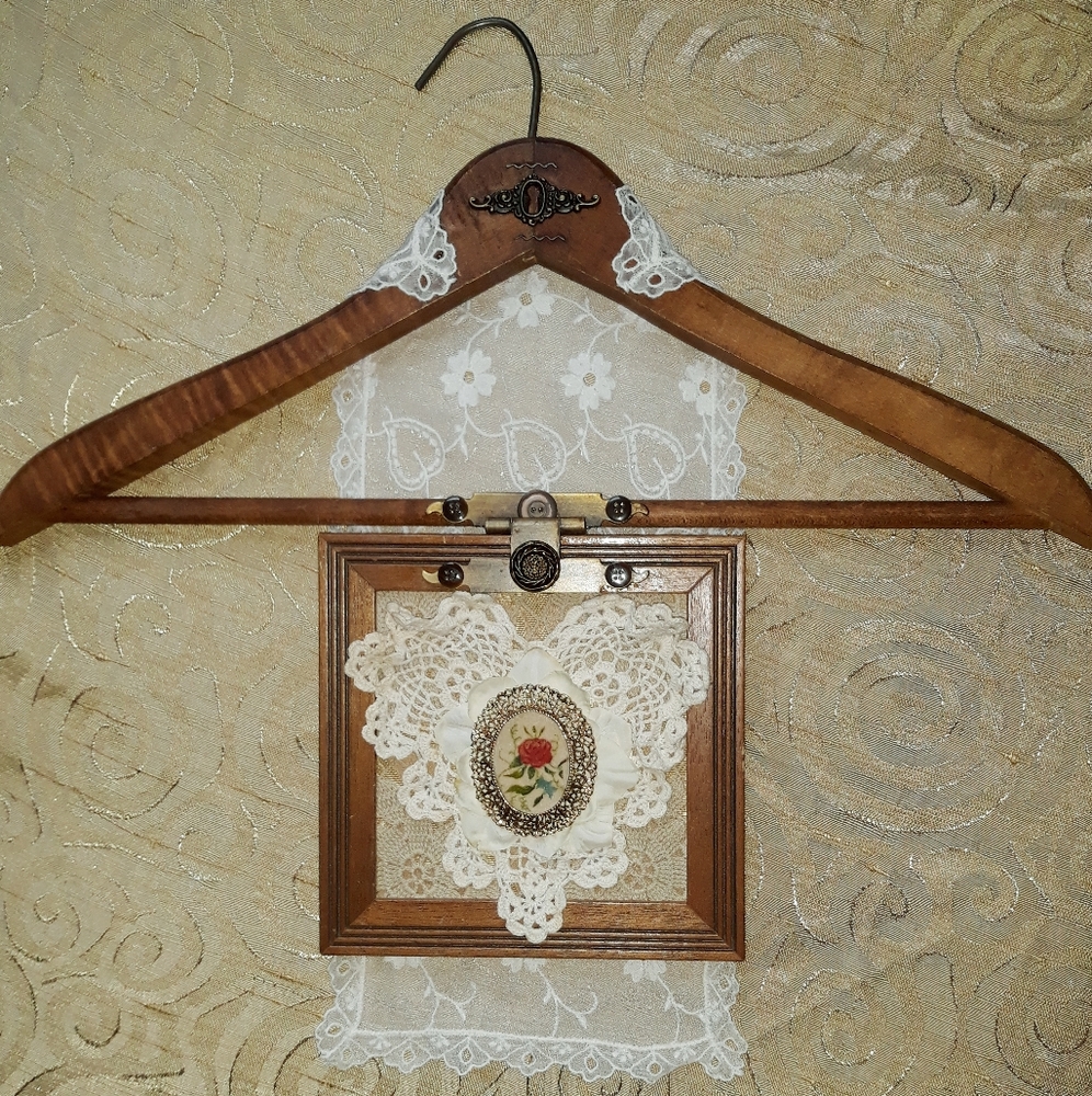 Vintage Wooden Hanger Wall Art with White Lace and Rose Medallion